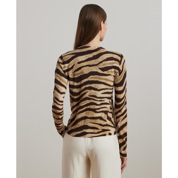 Lauren Ralph Lauren Women Zebra-Print Linen-Cotton Cardigan Brown Size XXL 1528 - Picture 2 of 4